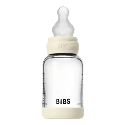 BIBS Glasflaske til baby, rund, med silikone, 1 stk., 120 ml, langsomt flow – elfenben – 120 ml
