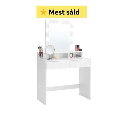 Sminkebord med LED-belysning med 2 skuffer og 3 åbne rum, moderne toiletbord, hvid