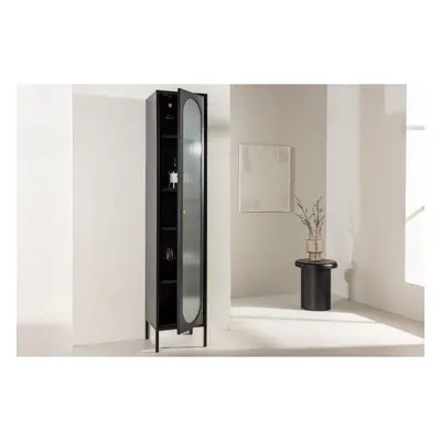 Cali Vitrineskab  37 x 180 cm  med 1 låge og 4 hylder - glas og sort stål