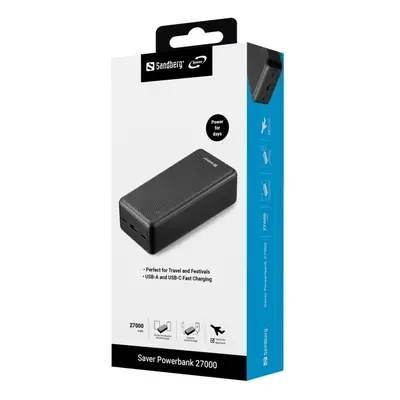 Sandberg SAVER - Powerbank - 27000 mAh - 99.9 Wh - 22.5 Watt - 3 A - PD - 2 output-stikforbindelser (USB-C, USB)